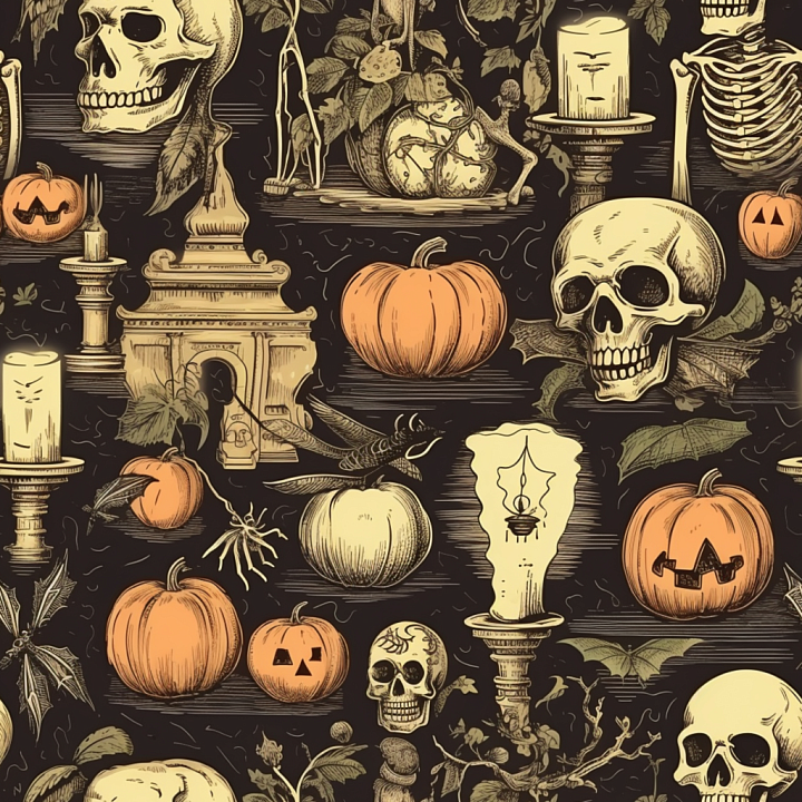 Vintage Halloween with Skulls, Pumpkins & Candles seamless PBR texture preview