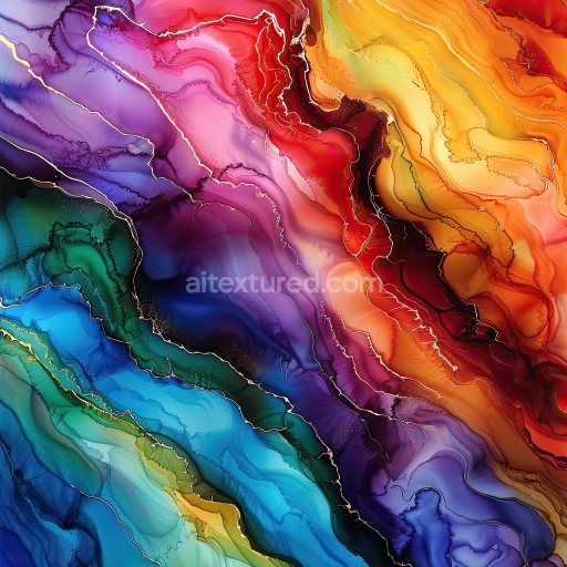 Seamless 3D Alcohol Ink PBR Texture Featuring Vibrant Rainbow Veins and Fluid Swirls