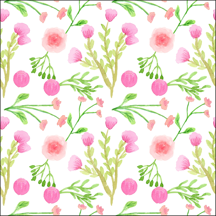 Pink Flower Watercolor Pattern with Green Leaves seamless PBR texture preview