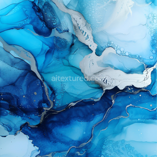 Seamless 3D Alcohol Ink PBR Texture with Blue and Silver Fluid Waves and Marbling