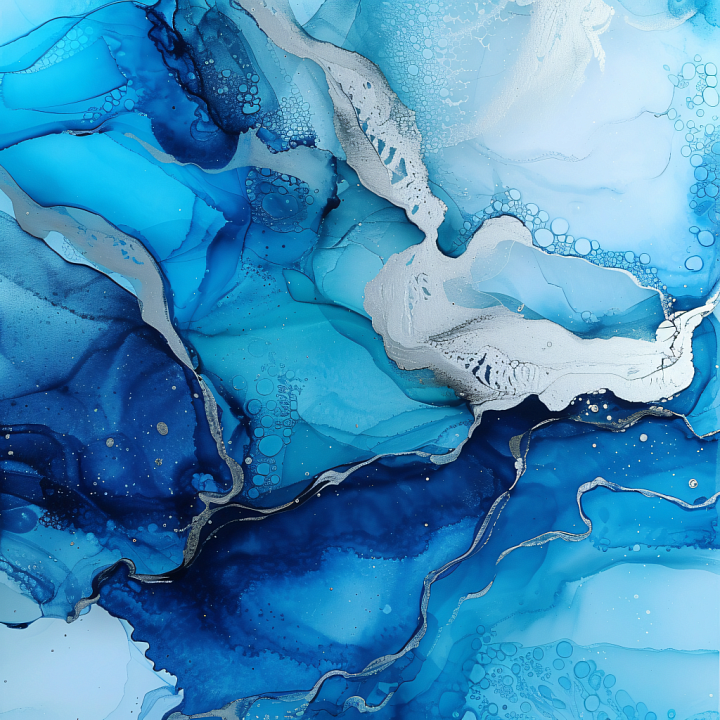 Alcohol Ink with Blue and Silver Fluid Waves and Marbling seamless PBR texture preview