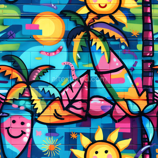Seamless 3D PBR Texture of Vibrant Tropical Graffiti with Palm Trees and Sun Motifs
