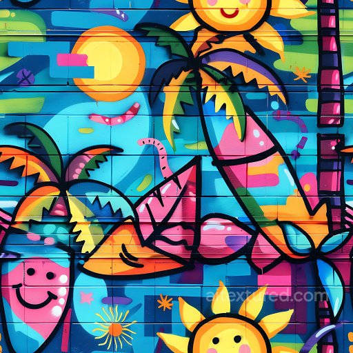 Seamless 3D PBR Texture of Vibrant Tropical Graffiti with Palm Trees and Sun Motifs texture preview