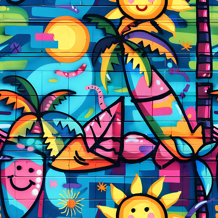 Vibrant Tropical Graffiti with Palm Trees and Sun Motifs seamless PBR texture preview