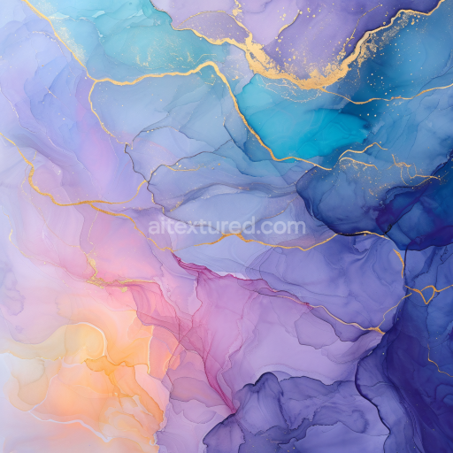 Seamless 3D Alcohol Ink PBR Texture Featuring Purple, Blue, and Gold Veined Fluid Art