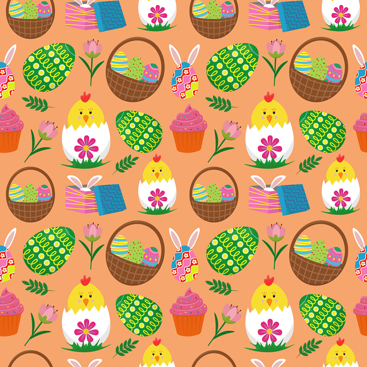 Digital Paper with Easter Eggs, Chicks, and Cupcakes seamless PBR texture preview