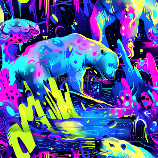 Seamless 3D PBR Graffiti Texture Featuring Neon Polar Bears and Psychedelic Urban Art
