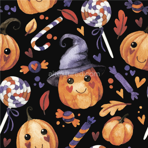 Seamless 3D PBR Watercolor Halloween Texture with Cute Pumpkins and Candy