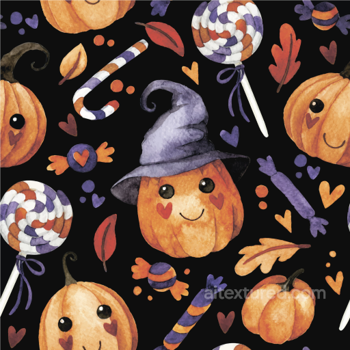 Watercolor Halloween Texture with Cute Pumpkins and Candy seamless Watercolor Halloween PBR texture