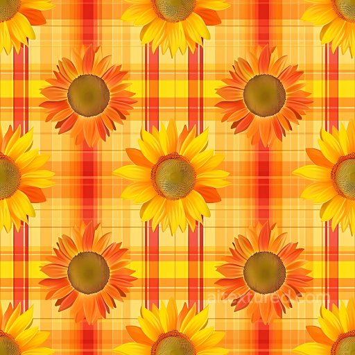 Seamless 3D PBR Texture of Bright Yellow-Orange Plaid with Sunflower Motifs texture preview