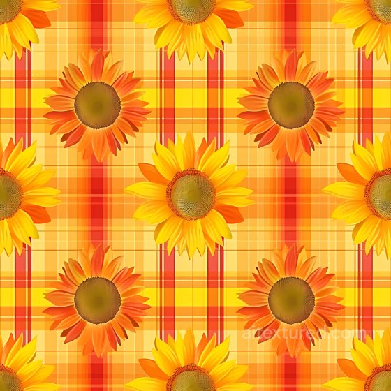 Bright Yellow-Orange Plaid Seamless Texture with Sunflower Motifs Plaid texture preview