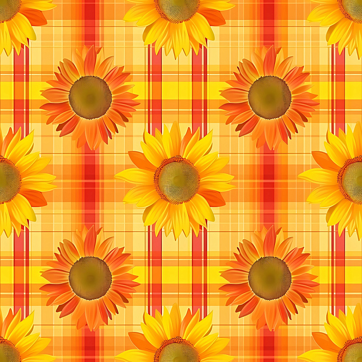 Bright Yellow-Orange Plaid with Sunflower Motifs seamless PBR texture preview