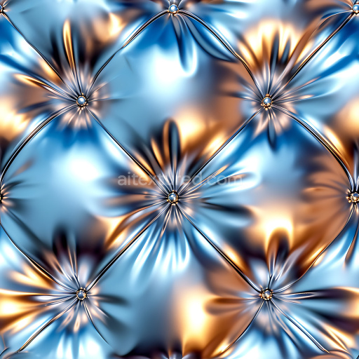 Seamless 3D Inflated Metallic Vinyl PBR Texture with Quilted Paneling in Blue and Gold