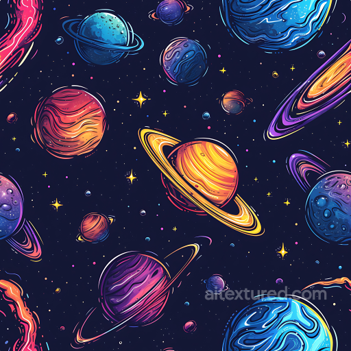 Space PBR Texture Featuring Stylized Multi-colored Planets with Rings seamless Star, space, planets PBR texture