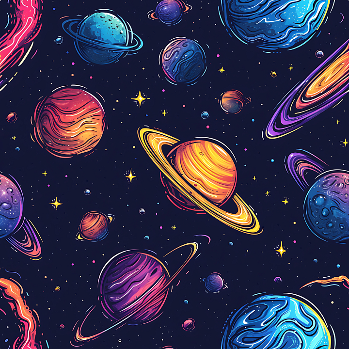 Space Featuring Stylized Multi-colored Planets with Rings seamless PBR texture preview
