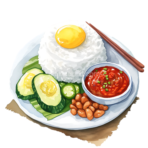 Malaysian Nasi Lemak Breakfast Plate with Rice, Egg, Sambal & Cucumber Slice Illustration