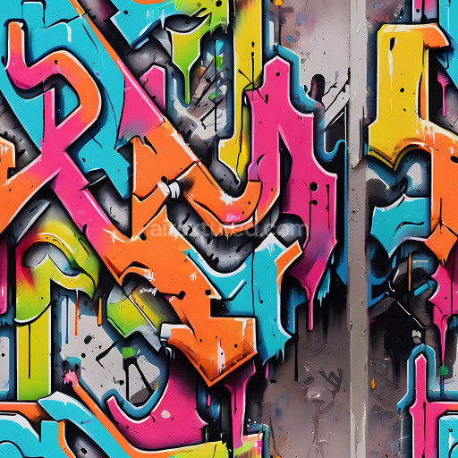 Seamless 3D PBR graffiti texture featuring vibrant multicolor street art spray paint