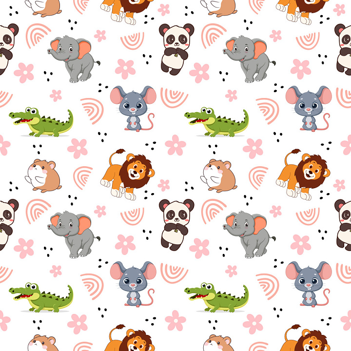 Pattern with Cute Cartoon Animals and Playful Motifs seamless PBR texture preview