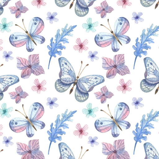 Seamless 3D PBR Watercolor Texture with Soft Blue and Pink Butterflies and Delicate Floral Motifs
