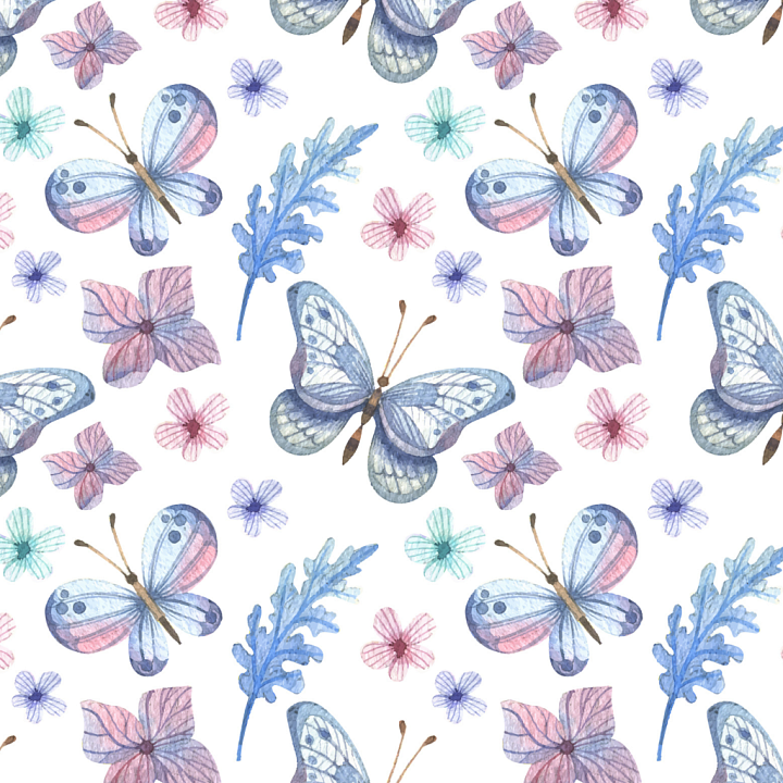Watercolor with Soft Blue and Pink Butterflies and Delicate Floral Moti… seamless PBR texture preview