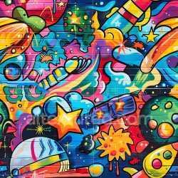 seamless Seamless 3D PBR Texture of Vibrant Cosmic Graffiti Mural with Stars and Planets texture 8k free download PBR