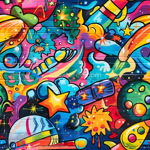 Seamless 3D PBR Texture of Vibrant Cosmic Graffiti Mural with Stars and Planets