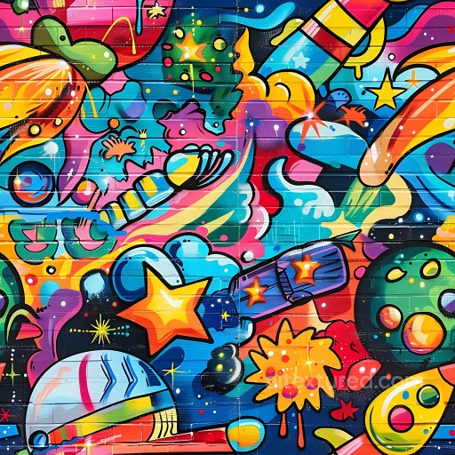 Seamless 3D PBR Texture of Vibrant Cosmic Graffiti Mural with Stars and Planets texture preview