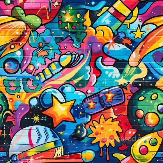 Vibrant Cosmic Graffiti Mural Seamless Texture with Stars and Planets Graffiti texture preview