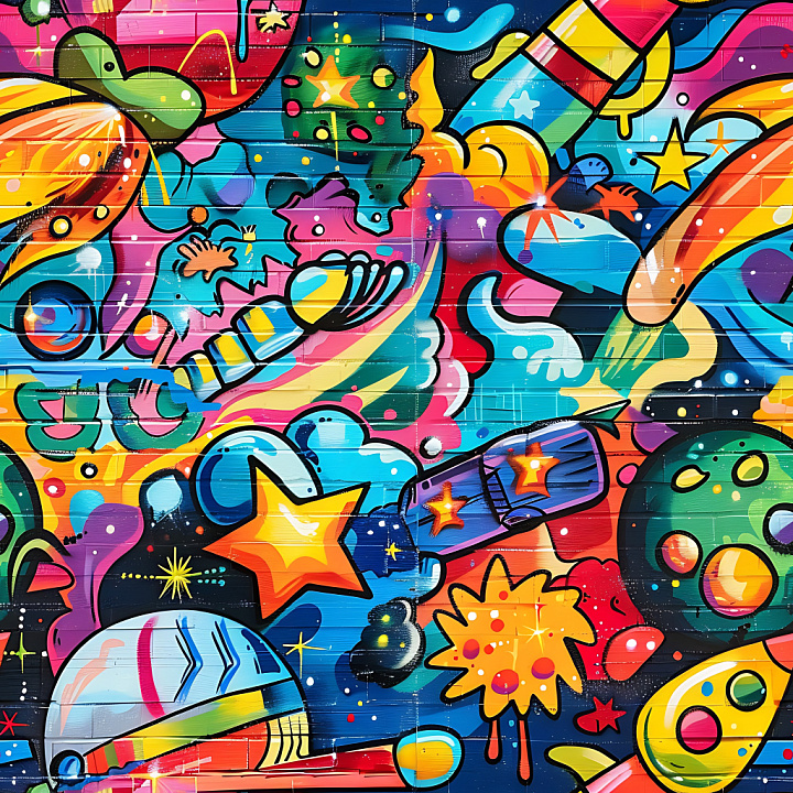 Vibrant Cosmic Graffiti Mural with Stars and Planets seamless PBR texture preview