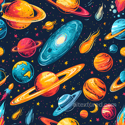 Space PBR Texture Featuring Colorful Cartoon Planets and Meteors seamless Star, space, planets PBR texture