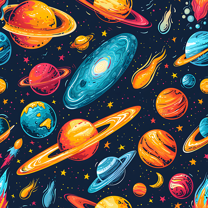 Space Featuring Colorful Cartoon Planets and Meteors seamless PBR texture preview