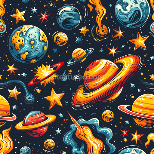 Seamless 3D Space PBR Texture Featuring Cartoon Planets, Stars & Cosmic Elements
