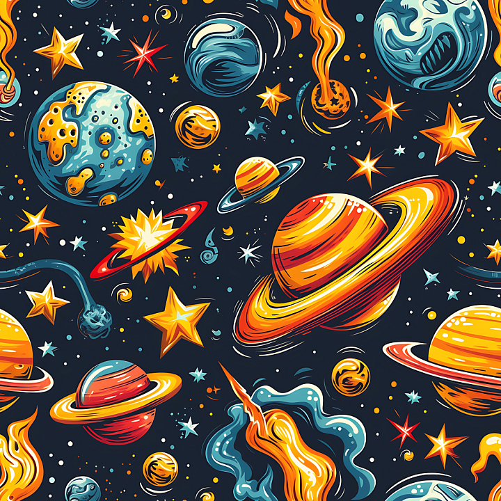 Space Featuring Cartoon Planets, Stars & Cosmic Elements seamless PBR texture preview