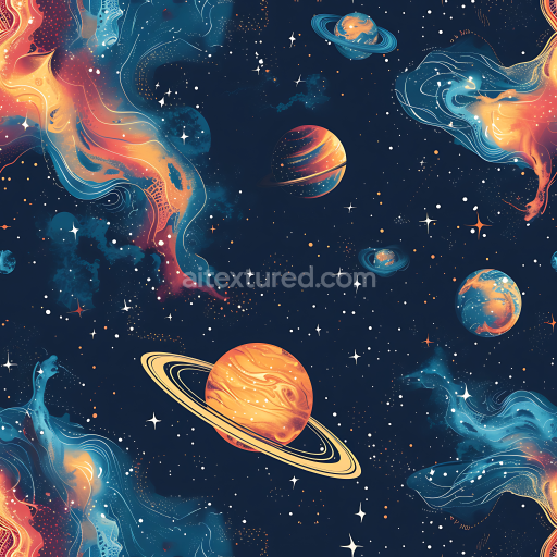 Seamless 3D Space PBR Texture Featuring Vibrant Nebulae and Stylized Planets