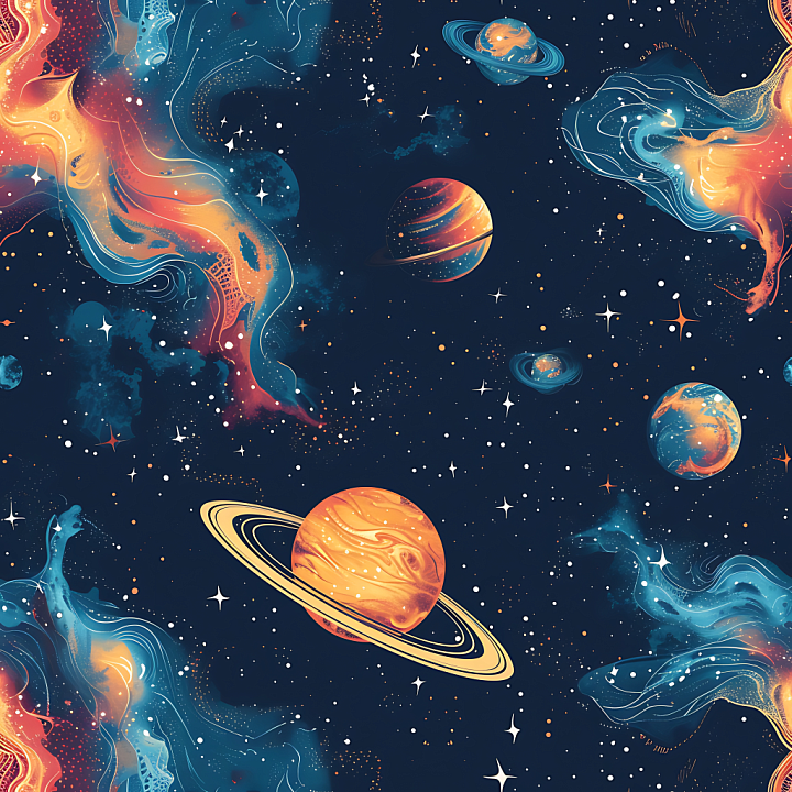 Space Featuring Vibrant Nebulae and Stylized Planets seamless PBR texture preview