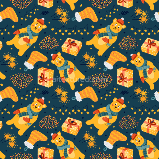Seamless 3D PBR festive teddy bear, stocking, and gift pattern texture