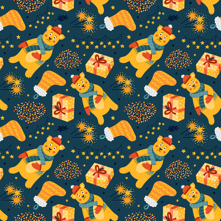 Festive Teddy Bear, Stocking, And Gift Pattern seamless PBR texture preview