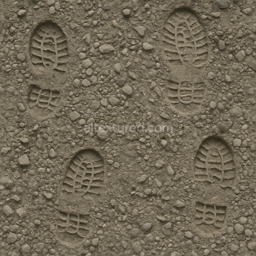 Seamless 3d texture pbr 8k of rocky footprints on rough pebbled soil ground