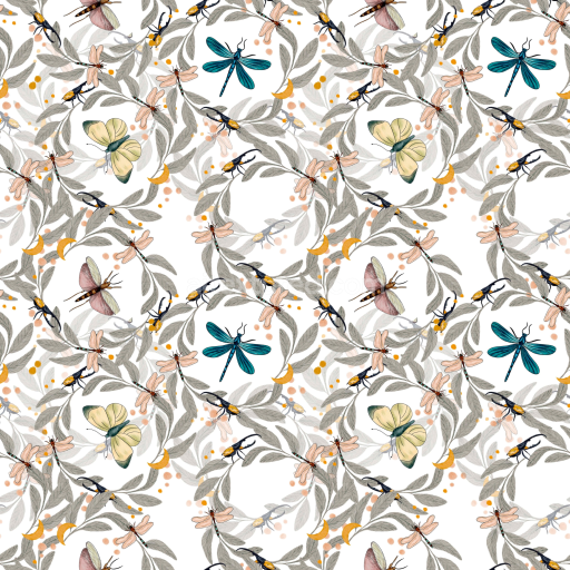 Seamless 3D PBR Texture with Watercolor Dragonflies and Botanicals