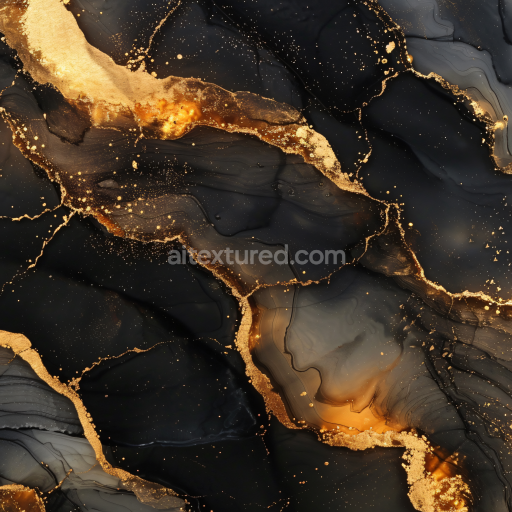 Seamless 3D Alcohol Ink PBR Texture Featuring Black Background with Luxurious Gold Veins and Fluid Marbling