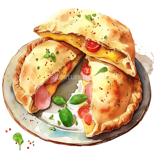 Breakfast Calzones with Ham, Cheese, and Cherry Tomatoes Illustration