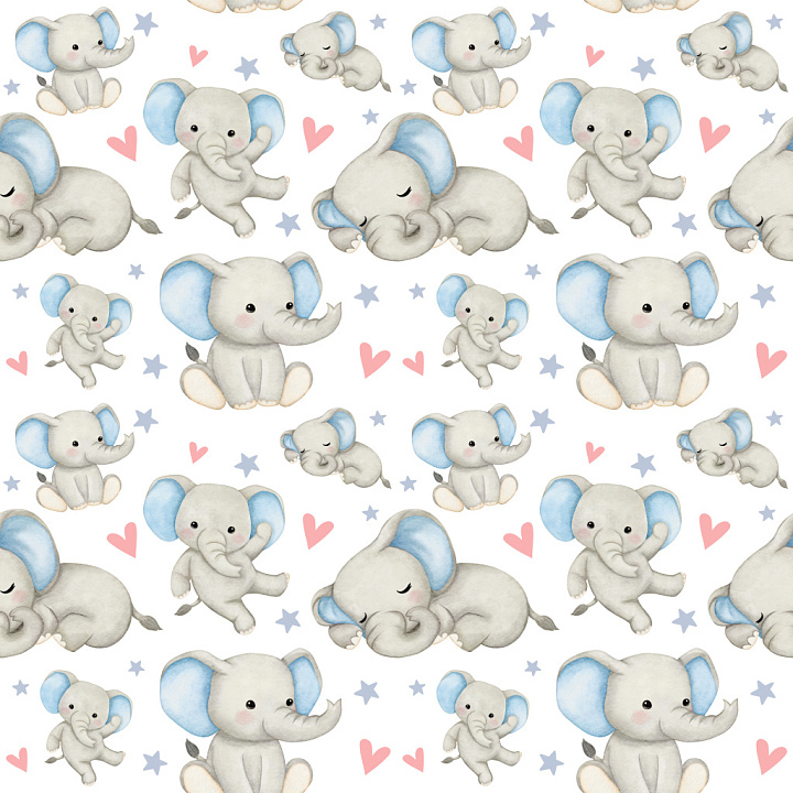 Pattern Featuring Cute Baby Elephant Motifs with Hearts and Stars seamless PBR texture preview