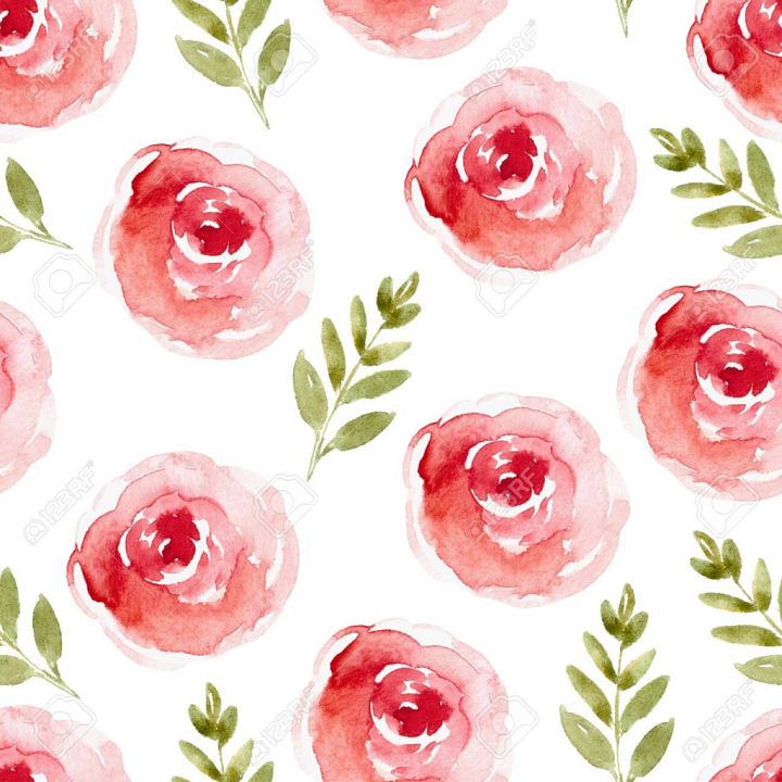 Pink Flower Watercolor Fabric with Green Leaves seamless PBR texture preview