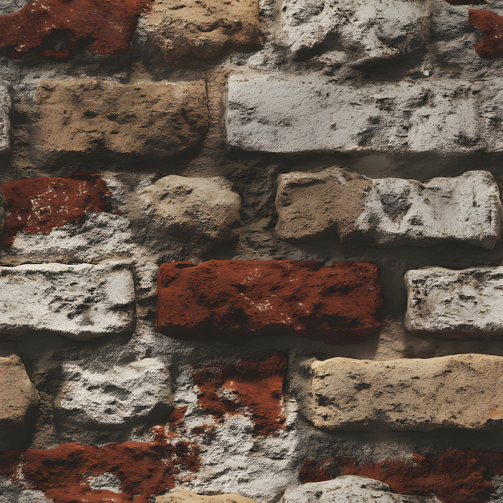 Rustic Cracked and Weathered Brick Wall with Mixed Colors seamless PBR texture preview