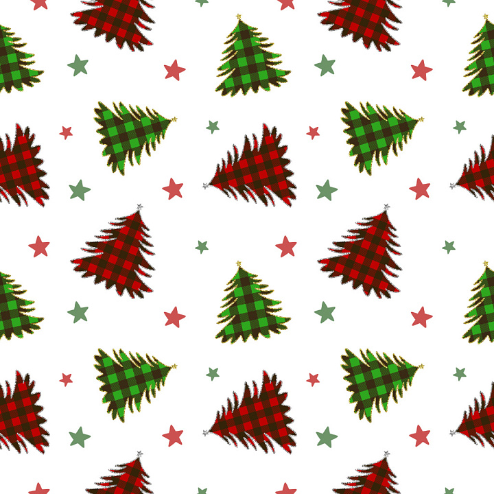 Pattern Featuring Christmas Plaid Trees and Stars on White seamless PBR texture preview