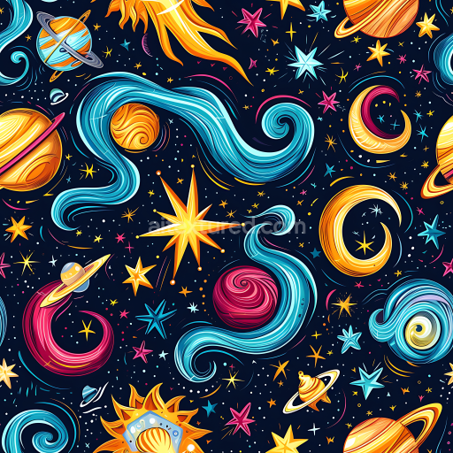 Seamless 3D Cartoon Space PBR Texture Featuring Vibrant Planets and Stylized Stars