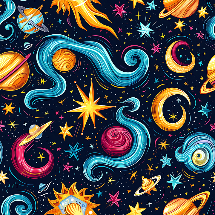 Cartoon Space Featuring Vibrant Planets and Stylized Stars seamless PBR texture preview