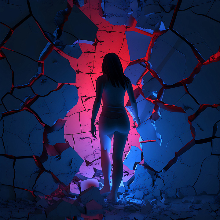Cracked & Hole of Shattered Blue Plaster Wall with Bold Fractures seamless PBR texture preview