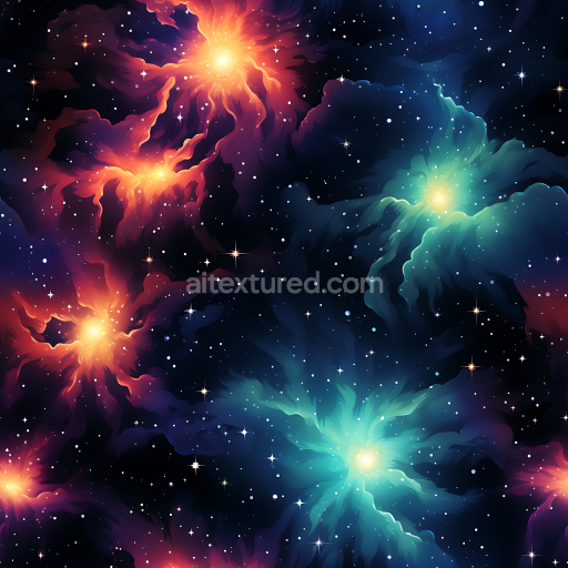 Seamless 3D Space PBR Texture Featuring Vibrant Cosmic Nebulae and Radiant Star Clusters