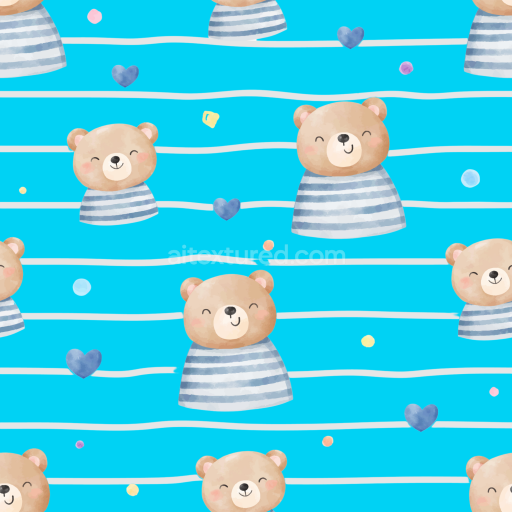 Seamless 3D PBR Texture of Cute Teddy Bears on Blue Striped Background